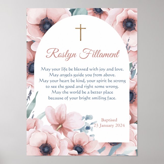 Póster Chica de bautismo flor rosada por la frontera (Frente)