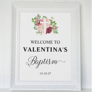 Póster Chica de bautismo floral rosa Poster de bienvenida