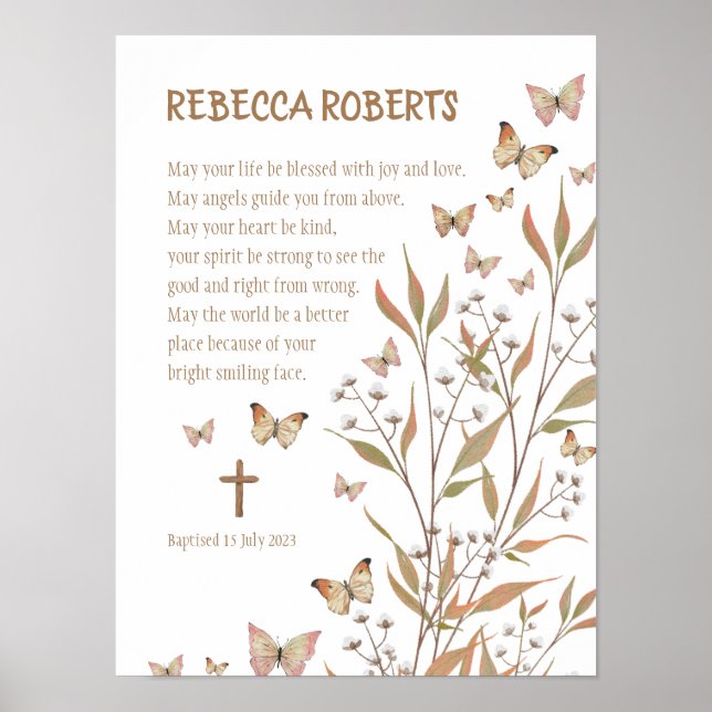 Póster Chica de bautismo Poster de mariposas acuarela (Frente)