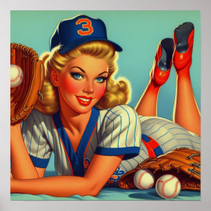Póster Chica de béisbol retro