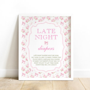 Póster Chica de Bow Rosado Baby Shower Diapers nocturnos