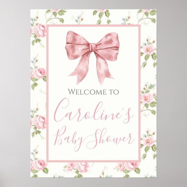 Póster Chica de Bow Rosado Preppy Baby Shower Sur (Frente)