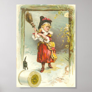 Póster Chica de bruja victoriano con gato negro