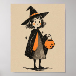 Póster Chica de brujas raras y espeluznantes retro Hallow