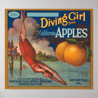 Póster Chica de buceo Marca California Manzanas Fruta Cra