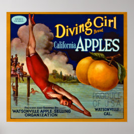Póster Chica de buceo Marca California Manzanas - Vintage