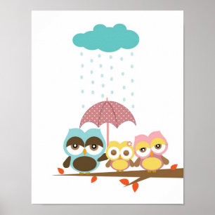 Póster Chica de búho con mamá papá bajo el paraguas