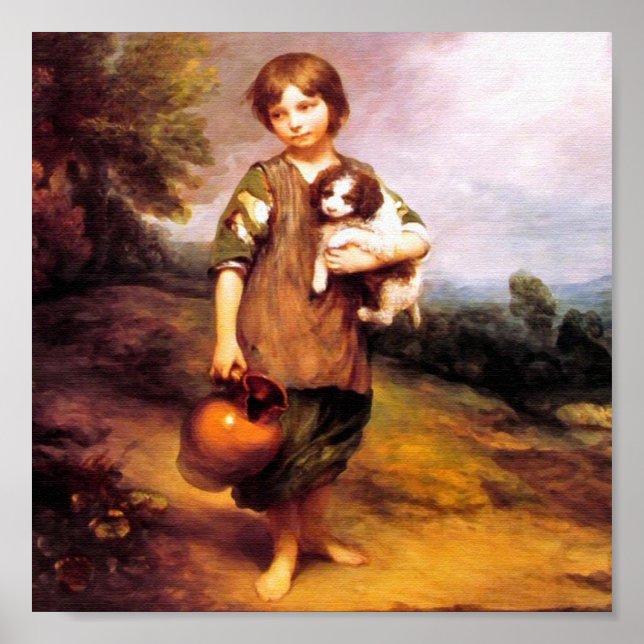 Póster Chica de cabaña con perro y jarra (Frente)