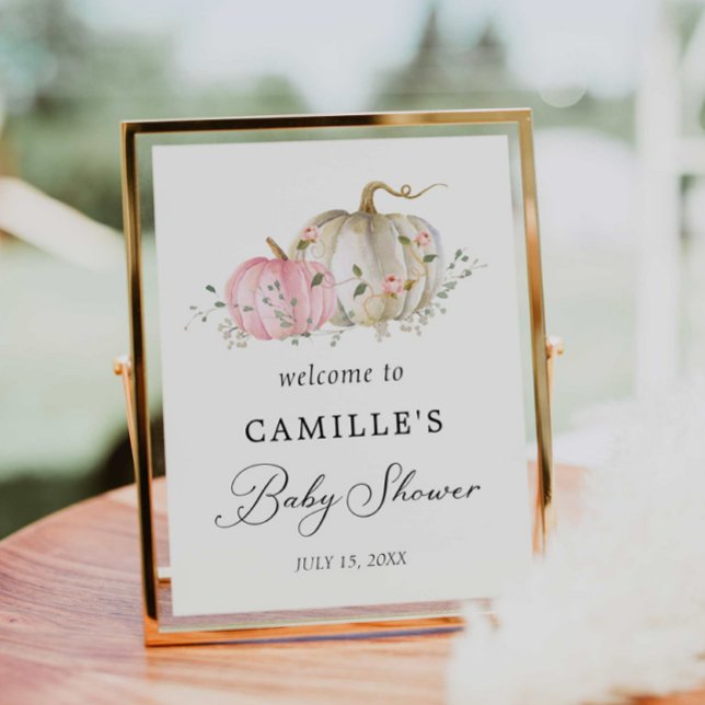 Póster Chica de calabaza rosa Rótulo de Poster de bienven (Fall Pumpkin Girl Baby Shower Welcome Print)