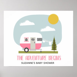 Póster Chica de Camper Adventure Pink Retro Baby Shower
