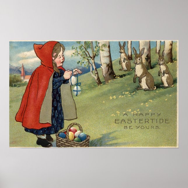 Póster Chica de capucha roja entregando huevos a conejos (Frente)