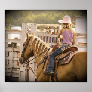 Póster Chica de carrera de barril y caballo