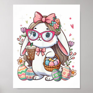 Póster Chica de Caza de Huevos de Café Conejo de Pascua