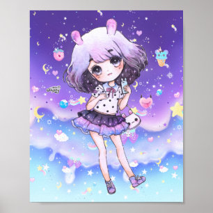 Póster Chica de chibi cutáneo en galaxia kawaii pastel