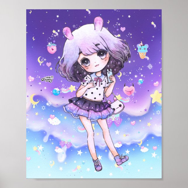 Póster Chica de chibi cutáneo en galaxia kawaii pastel (Frente)