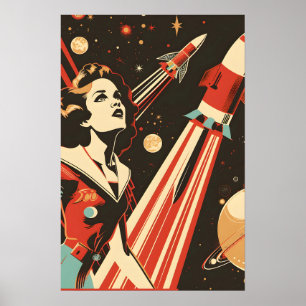 Póster Chica de cohete espacial temático soviético