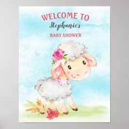 Póster Chica de color de agua Oveja Baby Shower Farm
