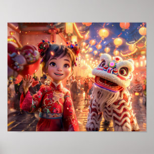 Póster Chica de cómic con disfraz de dragón para Año Nuev