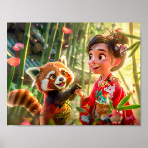 Póster Chica de cómic con panda rojo en escena divertida