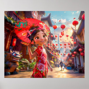 Póster Chica de cómic con parasol en escena soleada