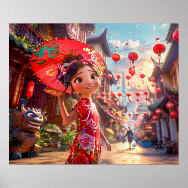 Póster Chica de cómic con parasol en escena soleada (Frente)