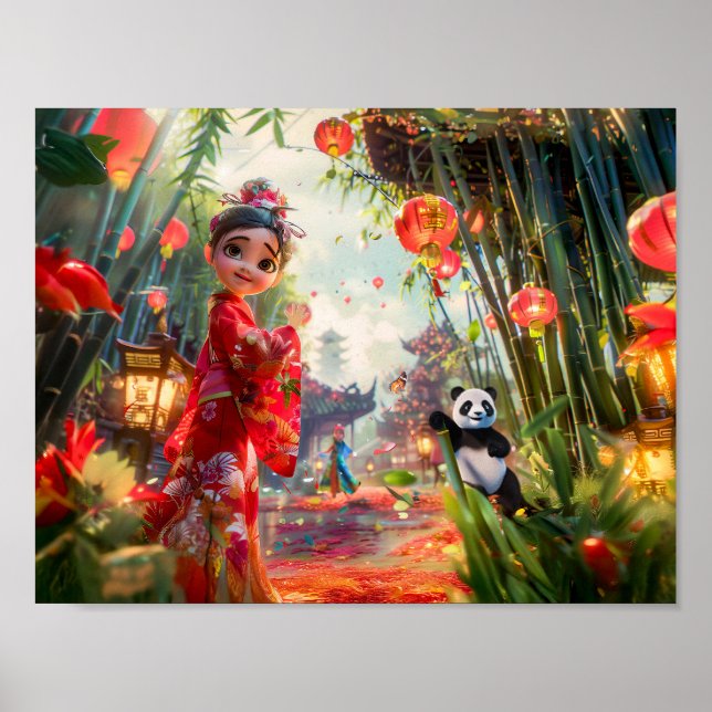 Póster Chica de cómic en bosque de bambú con panda (Frente)