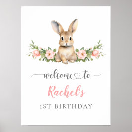 Póster Chica de conejito con flores rosadas Primer cumple