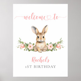 Póster Chica de conejo floral rosa primer cumpleaños bien