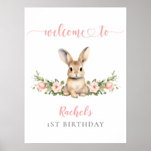 Póster Chica de conejo floral rosa primer cumpleaños bien
