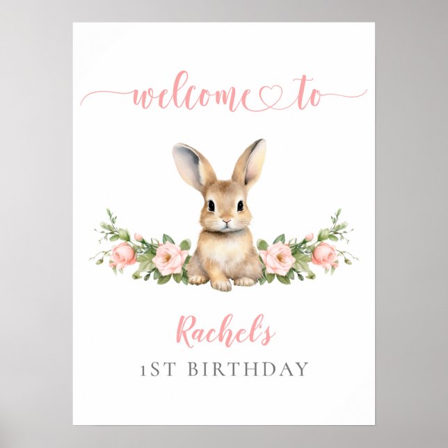 Póster Chica de conejo floral rosa primer cumpleaños bien (Frente)