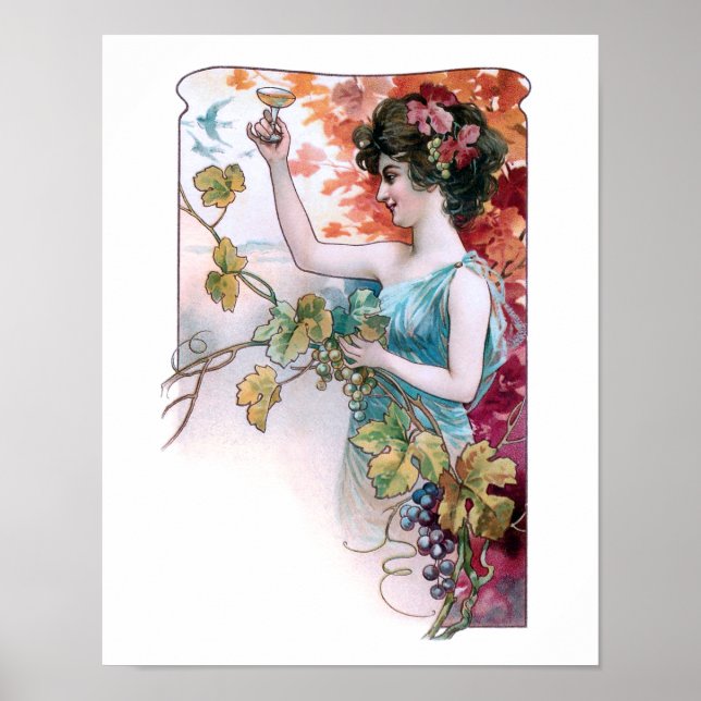 Póster Chica de cosecha rústica con vino (Frente)