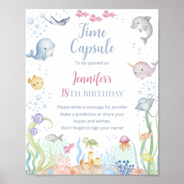 Póster Chica de cumpleaños bajo el mar con acuarela (Frente)