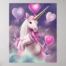 Póster Chica de cumpleaños Fantasy Unicorn con globos ros