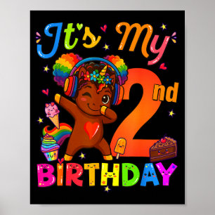 Póster Chica de cumpleaños número 2 Afro Unicornio Pelo N