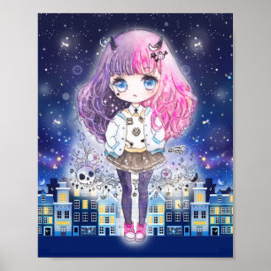 Póster Chica de Cute Chibi en una ciudad de estrellas