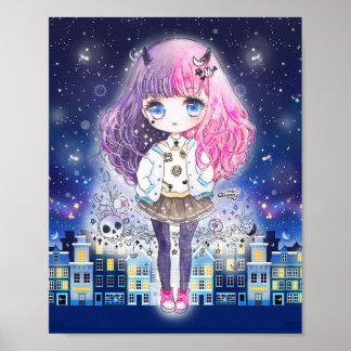 Póster Chica de Cute Chibi en una ciudad de estrellas
