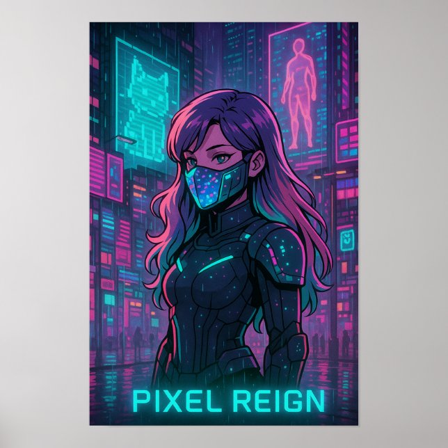 Póster Chica de Cyberpunk Anime - Ciudad Pixel (Frente)