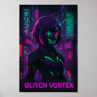 Póster Chica de Cyberpunk Anime en Neon Cityscape