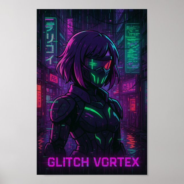 Póster Chica de Cyberpunk Anime en Neon Cityscape (Frente)