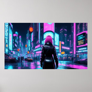 Póster Chica de Cyberpunk en una metrópolis