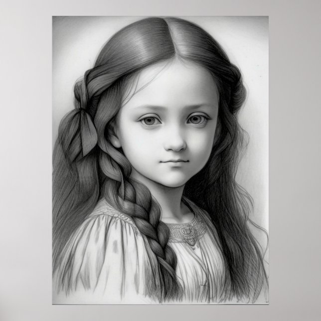 Póster Chica de dibujo de lápiz blanco y negro (Frente)
