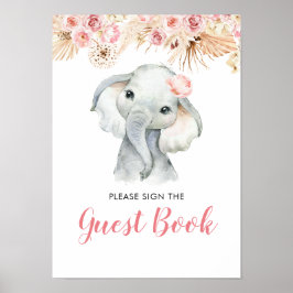 Póster Chica de Elefante Rosa Boho Libro de Baby Shower