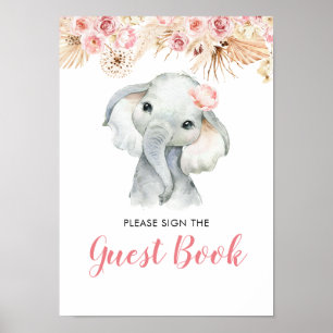Póster Chica de Elefante Rosa Boho Libro de Baby Shower