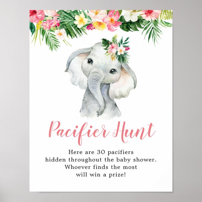 Póster Chica de Elefantes Tropicales Baby Shower Pacifier (Frente)