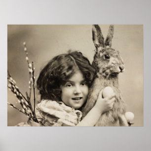 Póster Chica de época con conejito gigante de Pascua