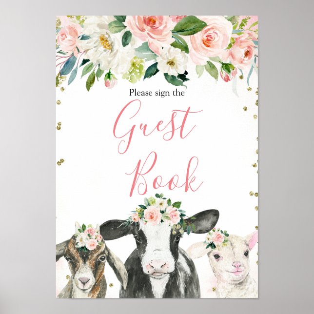 Póster Chica de Floral de animales de granja Baby Shower  (Frente)