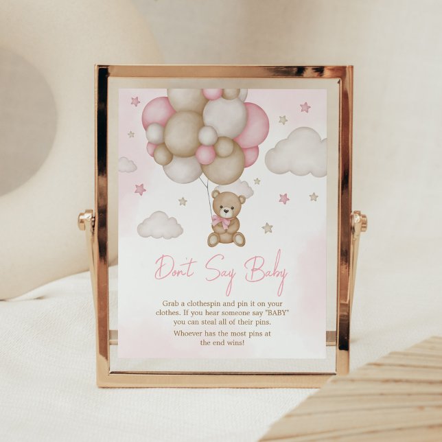 Póster Chica de globo de oso Baby Shower no dice bebé (Pink Boho Bear Balloon Baby Shower Don't Say Baby Sign)