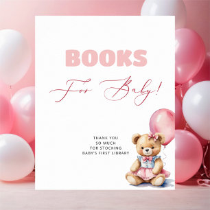 Póster Chica De Globos Rosados De Oso Libros Baby Shower
