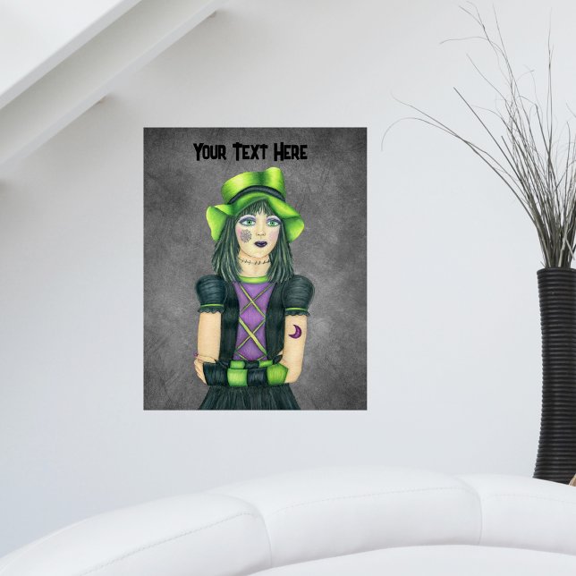 Póster Chica de Gótico Gorra de ojos verdes tatuajes gris (Pretty young Goth girl tattoos green hat fingerless gloves on spooky dark grey artwork poster.)