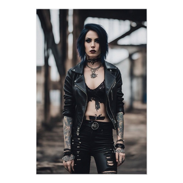 Póster Chica de gótico posando frente al viejo puente (Anverso)